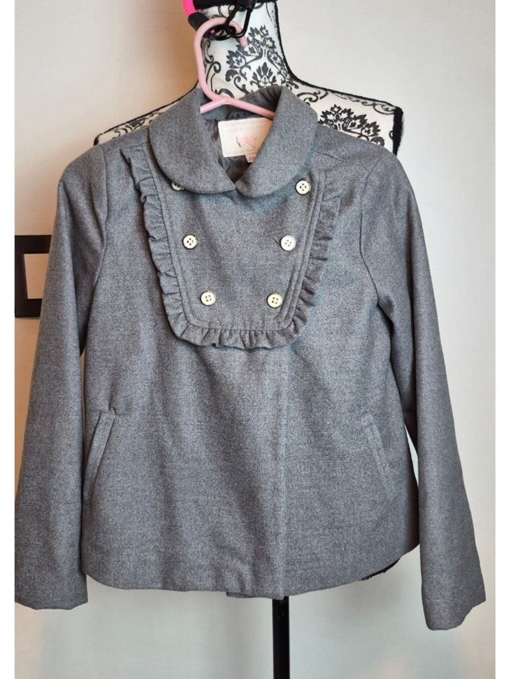 Janie and Jack Girls Peacoat Size 7-8 Gray Ruffle Bib Peter Pan Collar Coat